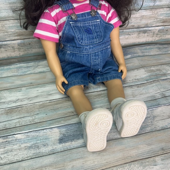 My Twinn Poseable Doll Brown Hair & Eyes Overalls Stripe Top Shoes - Picture 3 of 12